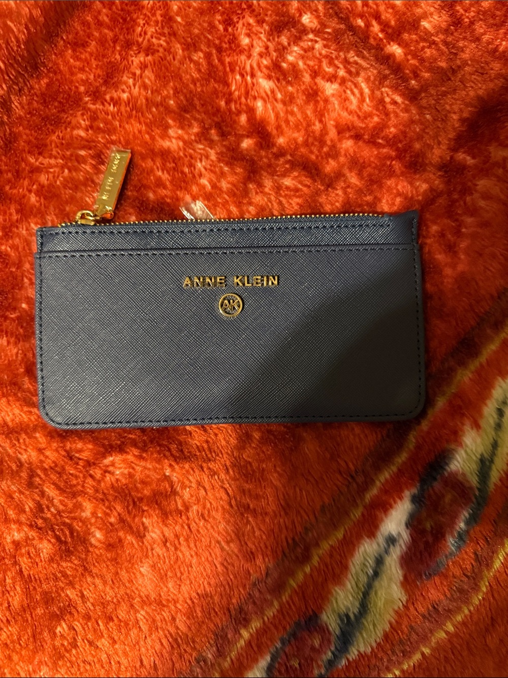 Anne Klein Dark Blue Zip Card Holder with Gold Hardware